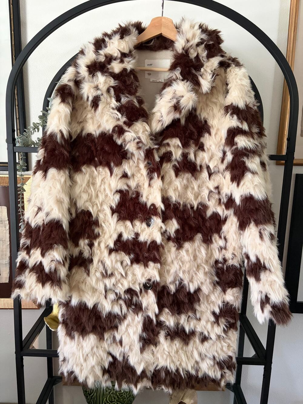 Anthropologie Faux Fur Teddy Coat Brown Ivory Shag Jacket NWT Women’s M